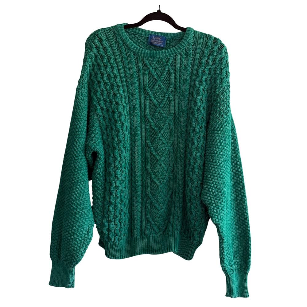 VINTAGE Lobo by Pendleton Cotton Cable Knit Sweater Men's XL Teal Green USA-Made